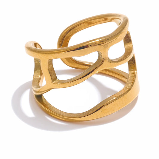 Yhpup Stainless Steel Wide Hollow Cuff Open Ring for Women Stylish Design Water Resistant Metal Jewelry Wholesale