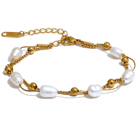 Yhpup Natural Pearls Double Layer Chain Stainless Steel Charm Bracelet Bangle Women Stylish Summer Jewelry Waterproof