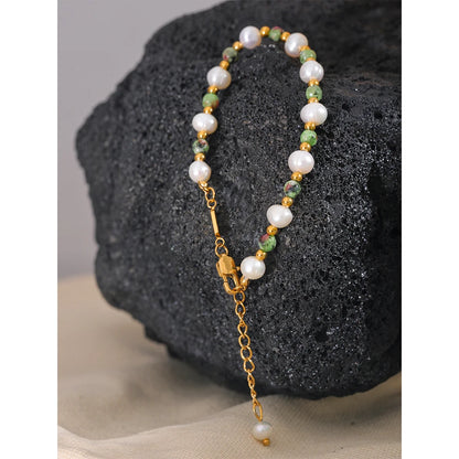 Yhpup Natural Stone Freshwater Pearls Fashion Handmade Stainless Steel Charm Jewelry Bracelet Bangle for Women Gift Waterproof