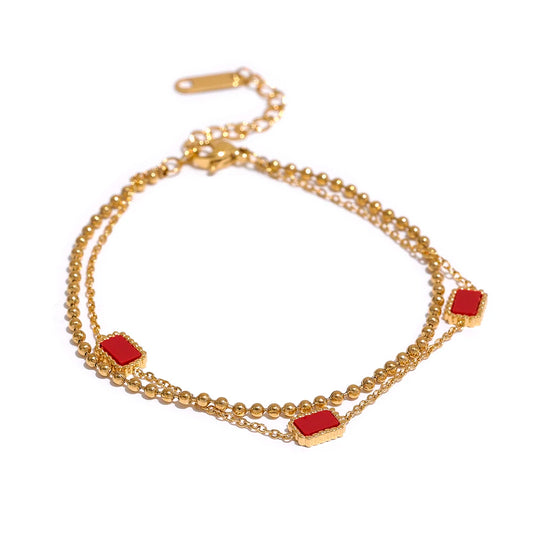 Yhpup Double Chain Green Red Square Acrylic Stainless Steel Bracelet Bangle Charm Gold Color Trendy Fashion Korean Jewelry Women