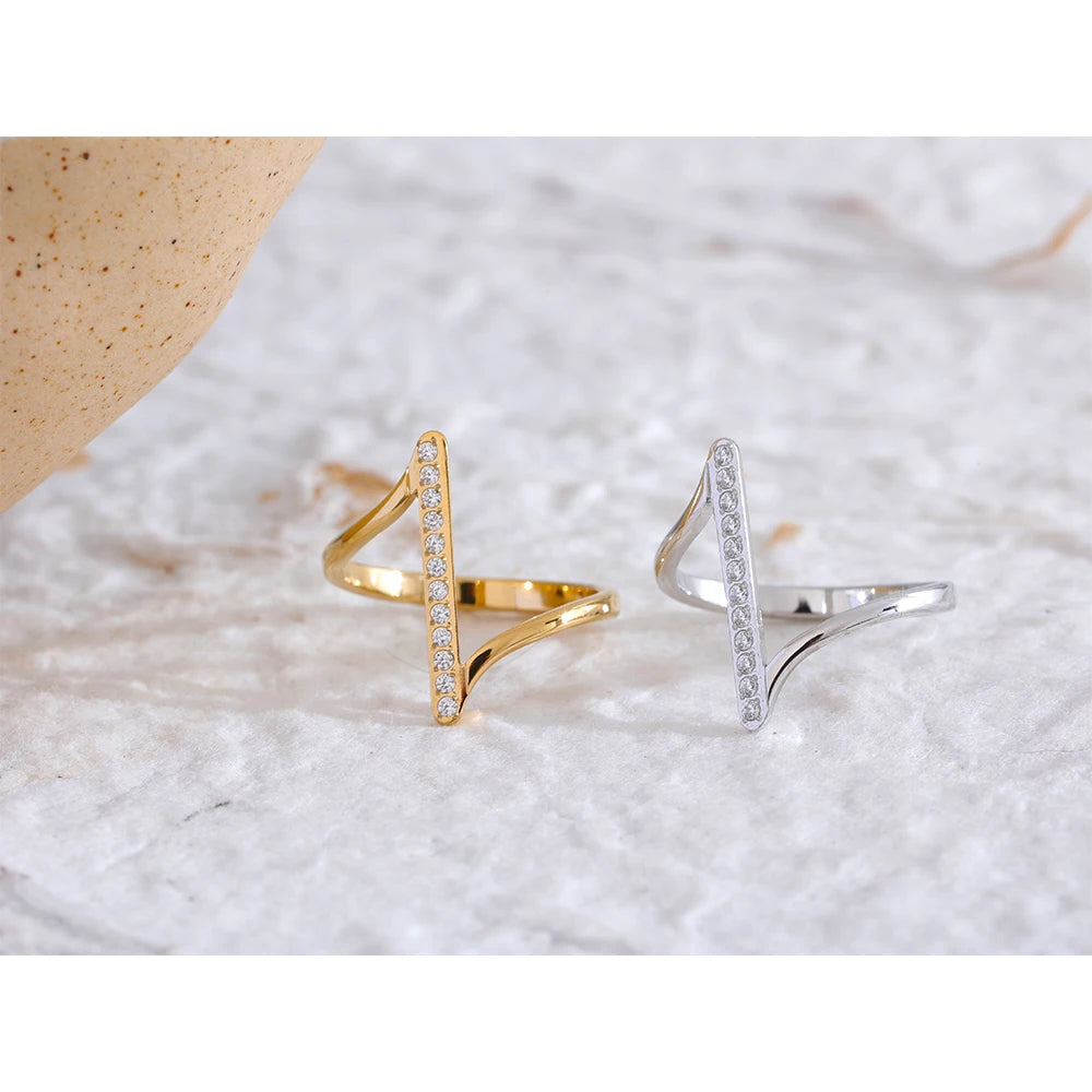 Yhpup Stylish Unique Stainless Steel Geometric Twisted CZ Chic Ring Delicate Shiny Cubic Zirconia Minimalist Daily Charm Jewelry