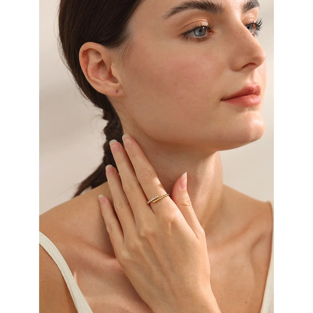 Yhpup Trendy Inlaid Shiny Cubic Zirconia Geometric Thin Ring Exquisite Stainless Steel Adjustable Jewelry Tarnish Resistant