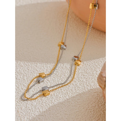 Yhpup New 316L Stainless Steel Square Beads Chain Necklace Rust Proof Exquisite Daily Chic Women Waterproof Jewelry Gift