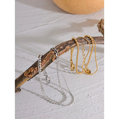 Yhpup Stainless Steel Flat & Bead Chains Double Layer Fashion Bracelet Bangle Men Women Charm Summer Beach Trendy Chic Jewelry