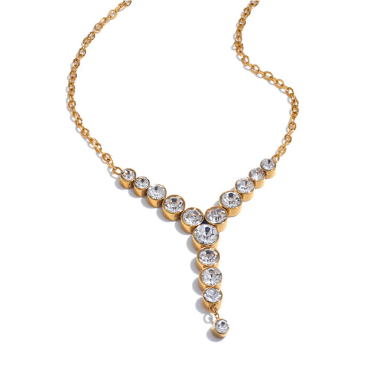Yhpup Waterproof Exquisite Bling Cubic Zirconia Y-Shape Chic Necklace Pendant Stainless Steel Luxury Jewelry Delicate Gift