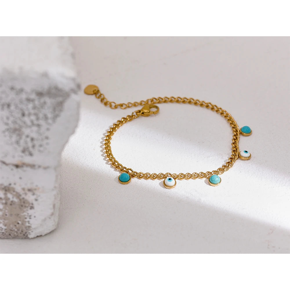 Yhpup Stainless Steel Turquoise Stone Resin Eye Charm Fashion Bracelet Bangle Golden Daily Trendy Jewelry for Female Браслет