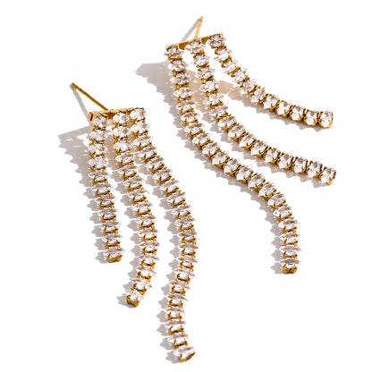Yhpup Waterproof Luxury Bling AAA Cubic Zirconia Tassel Drop Stainless Steel Dangle Earrings Party Aesthetic Fashion Jewelry