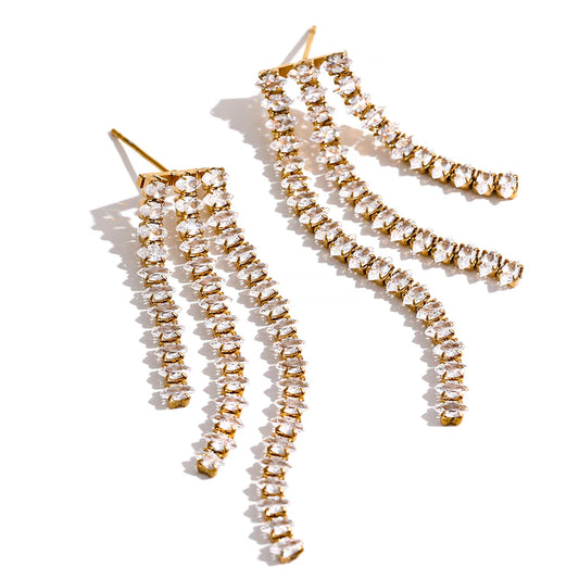 Yhpup Waterproof Luxury Bling AAA Cubic Zirconia Tassel Drop Stainless Steel Dangle Earrings Party Aesthetic Fashion Jewelry