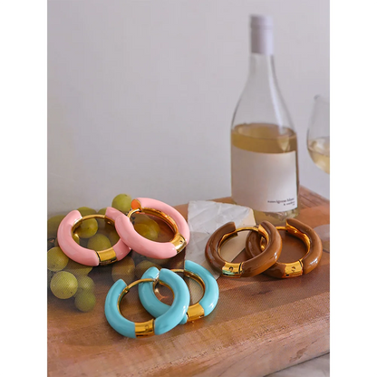 Yhpup 20mm Candy Color Blue Pink Brown Enamel Stainless Steel Hollow Hoop Earrings Golden Simple Trendy Y2K Sweet Jewelry Gift