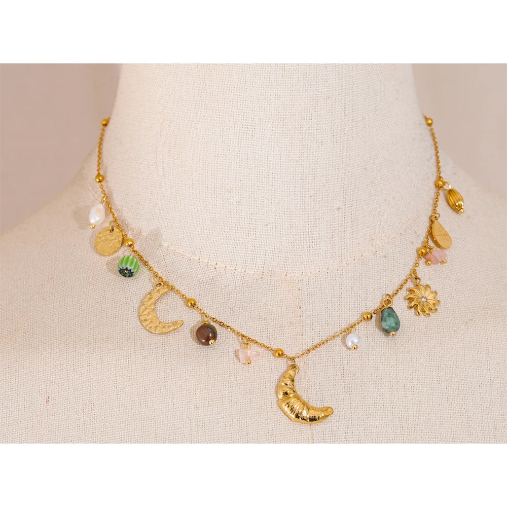 Yhpup Stainless Steel Moon Croissant Flower Natural Stone Pearls Drop Handmade Trendy Necklace for Women Fashion Collar Jewelry