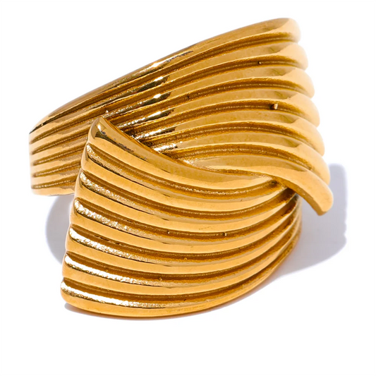 Yhpup New Stainless Steel Metal Geometric Golden Wide Ring Statement Texture 18K PVD Plated Attractive Jewelry Bijoux