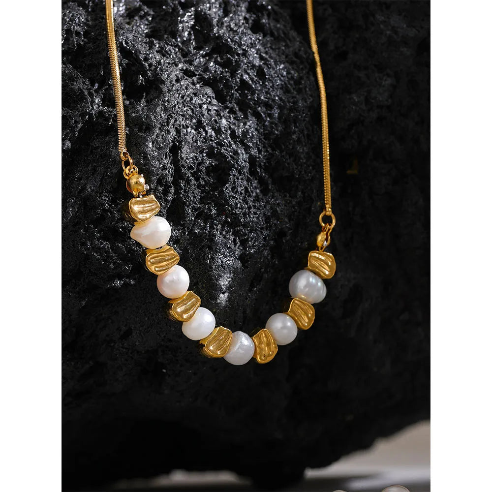 Yhpup Natural Freshwater Pearl Stainless Steel Beads Chain Necklace Bracelet Bangle Gold Color Vintage Handmade Jewelry Women