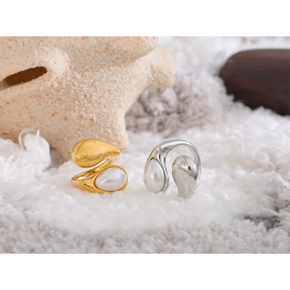 Yhpup Fashion Imitation Pearl Water Drop Finger Adjustable Ring Women 316L Stainless Steel Elegant Gold Platinum Plated Jewelry