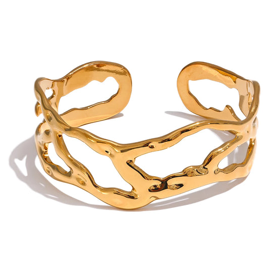 Yhpup Stylish Unique Design Stainless Steel Metal Hollow Wide Cuff Bracelet Bangle Texture Rust Proof 18K PVD Plated Jewelry