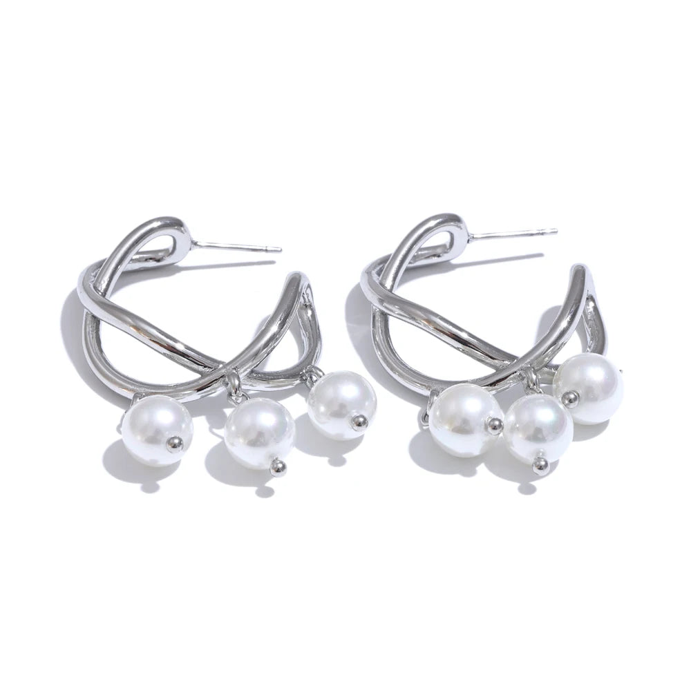 Yhpup Stylish Unique Simulated Pearls Geometric Huggie Earrings Korean Style Stainless Steel Temperament Trendy Jewelry Gift
