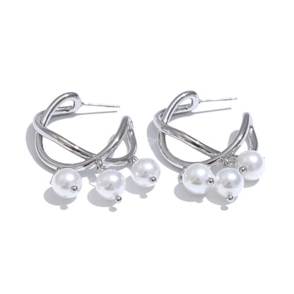 Yhpup Stylish Unique Simulated Pearls Geometric Huggie Earrings Korean Style Stainless Steel Temperament Trendy Jewelry Gift