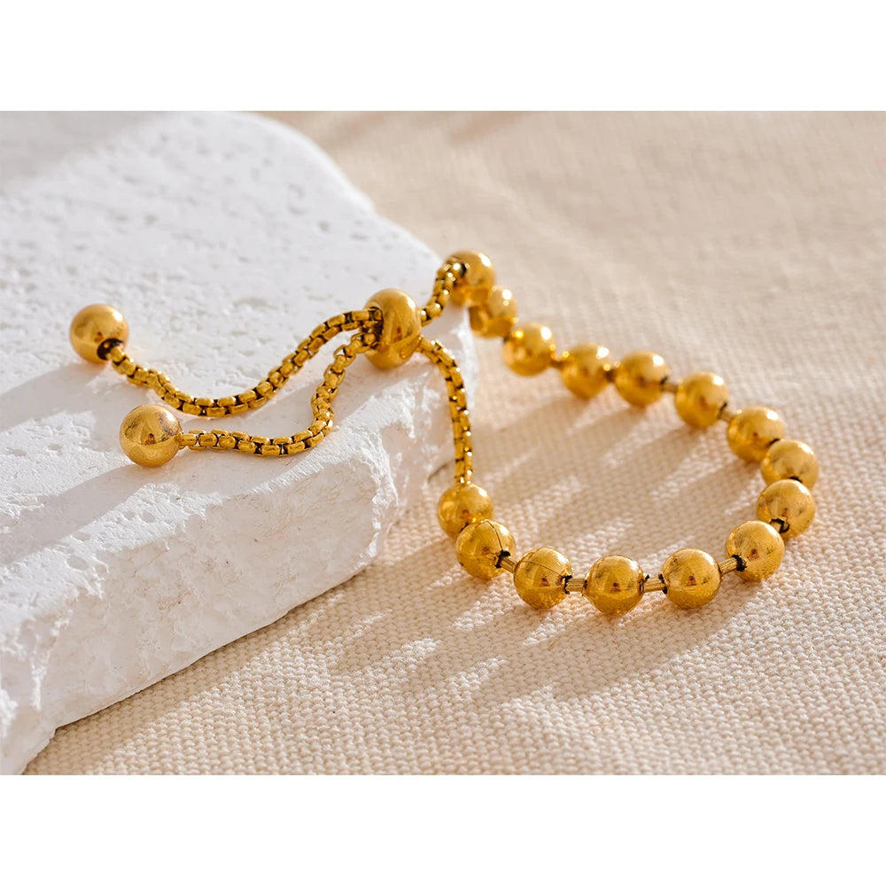 Yhpup 18K Gold Color PVD Plated Metal Beads Chain Adjustable Bracelet Bangle Statement Waterproof Summer Daily Jewelry