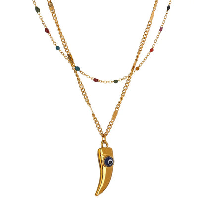 Yhpup Stainless Steel Horns Pendant Necklace Exquisite Colorful Enamel Double Layered Temperament Jewelry Collar Party Gift