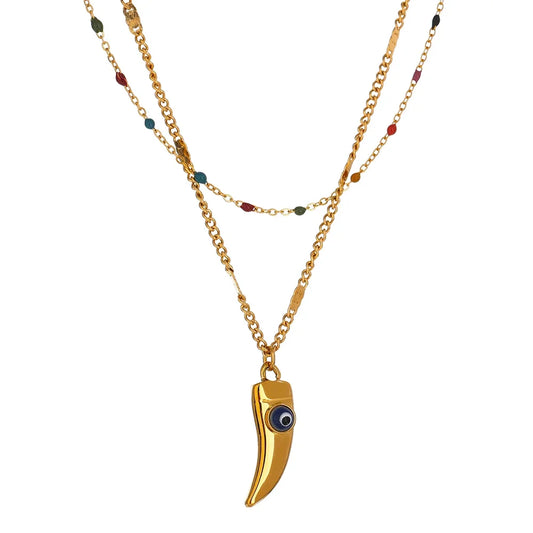 Yhpup Stainless Steel Horns Pendant Necklace Exquisite Colorful Enamel Double Layered Temperament Jewelry Collar Party Gift
