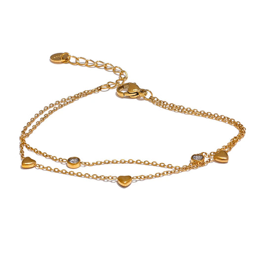 Yhpup Delicate Chain Heart Zircon Double Layer Stacking Bracelet Bangle Chic Summer Stainless Steel Waterproof Jewelry Gift