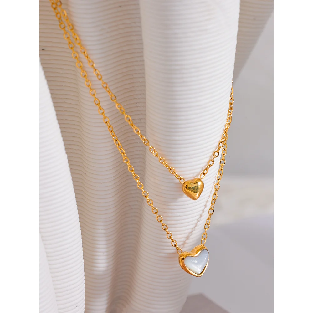 Yhpup Super Chic Stainless Steel Heart Natural Shell Pendant Double Layered Necklace Exquisite Chain Korean Jewelry Women Gift
