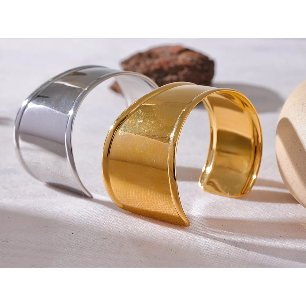 Yhpup High Quality Stainless Steel Metal Wide Cuff Open Bracelet Bangle Waterproof Texture Personalized Unisex Jewelry Bijoux