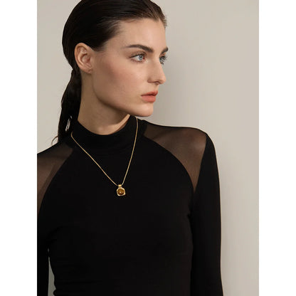 Yhpup High Quality Natural Tiger Stone Square Pendant Necklace Rust Proof Gold Color Fashion Collar Versatile Jewelry Gift