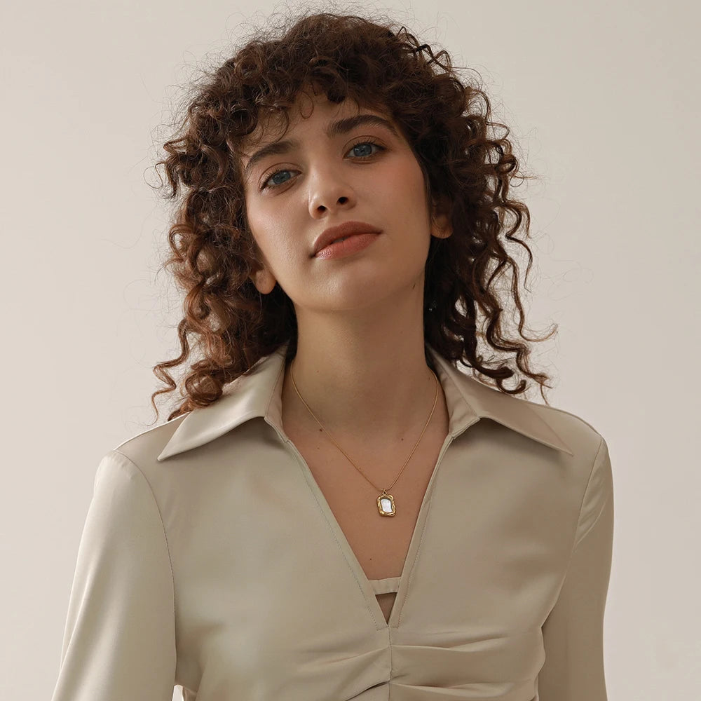 Yhpup Stainless Steel Shell Pendant Necklace Minimalist Chain Irregular Square Fashion Women Waterproof Jewelry Collier Femme