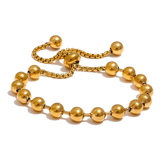 Yhpup 18K Gold Color PVD Plated Metal Beads Chain Adjustable Bracelet Bangle Statement Waterproof Summer Daily Jewelry