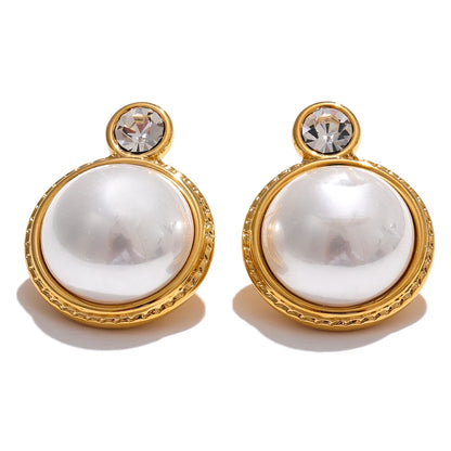 Yhpup Waterproof Korean Style Zirconia Imitation Pearls Stud Earrings Stainless Steel Elegant Daily Classic Fashion Jewelry