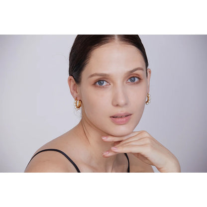 Yhpup Elegant Imitation Pearls Geometric Stainless Steel Huggie Hoop Earrings 18K Gold Color Waterproof Charm Trendy Jewelry