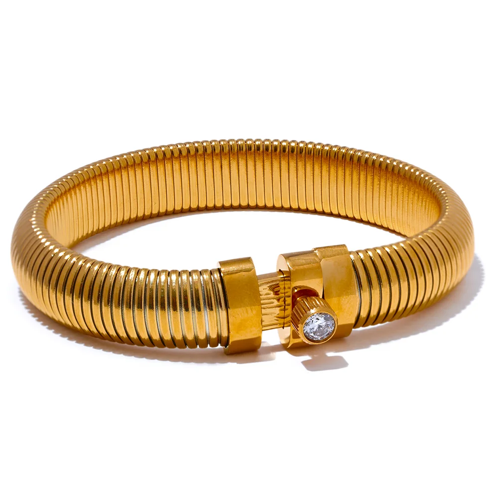 Yhpup Stainless Steel Elastic Thick Metal Bracelet Bangle Statement CZ Popular Fashion Unisex Jewelry for Men Women Waterproof
