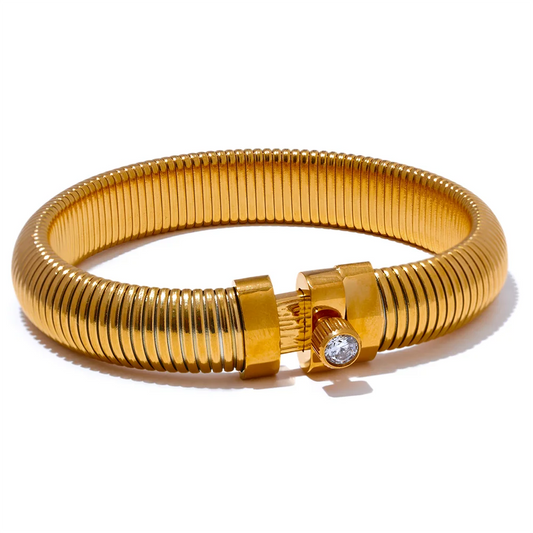 Yhpup Stainless Steel Elastic Thick Metal Bracelet Bangle Statement CZ Popular Fashion Unisex Jewelry for Men Women Waterproof