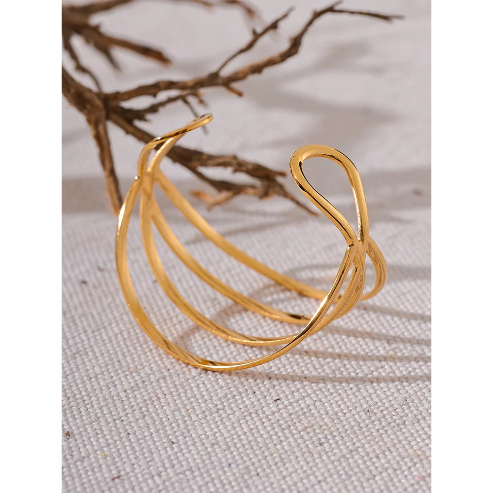 Yhpup Personalized Stainless Steel Geometric Hollow Cuff Bracelet Bangle Gold Color Waterproof Metal Wrist Unusual Jewelry