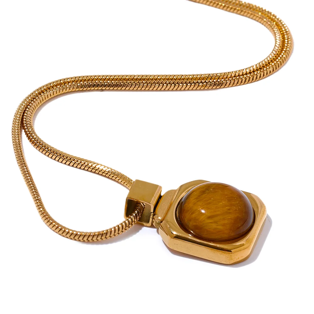 Yhpup High Quality Natural Tiger Stone Square Pendant Necklace Rust Proof Gold Color Fashion Collar Versatile Jewelry Gift