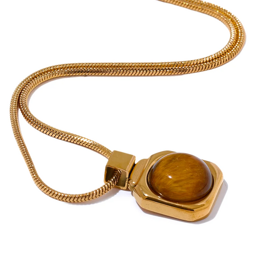 Yhpup High Quality Natural Tiger Stone Square Pendant Necklace Rust Proof Gold Color Fashion Collar Versatile Jewelry Gift