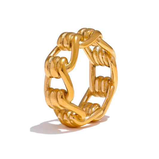 Yhpup Individualistic Stainless Steel Chain Hollow Ring Water Resistant Metal Statement Gold Color Charm Finger Jewelry New