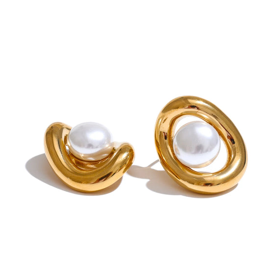 Yhpup Fashion Stainless Steel Simulated Pearls Hollow Oval Geometric Stud Earrings Prevent Allergy Metal Arrival Jewelry Daily