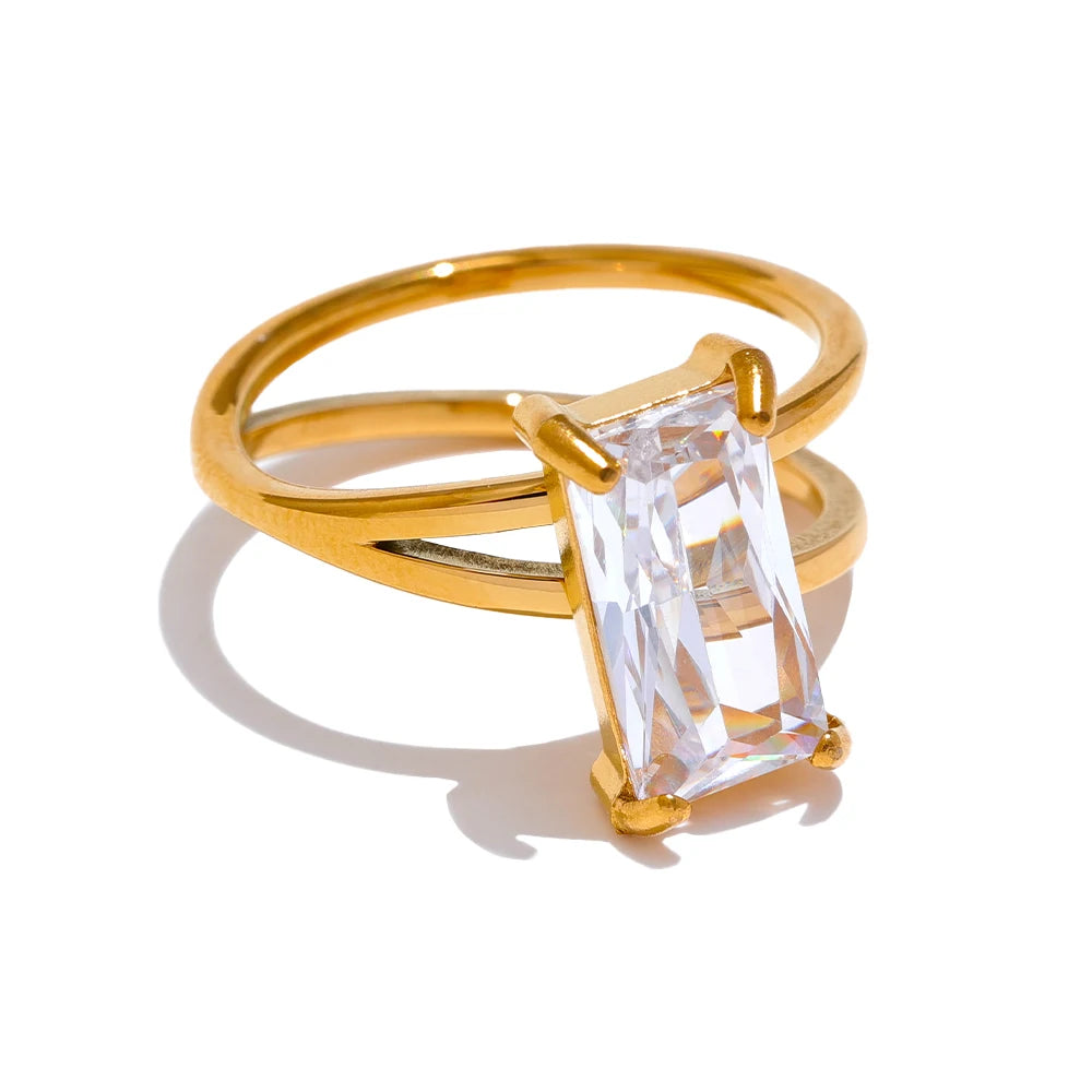 Yhpup Luxury Bling Cubic Zirconia Ring for Women Stainless Steel 18k Gold Color Geometric Simple Stylish Jewelry for Women Gift