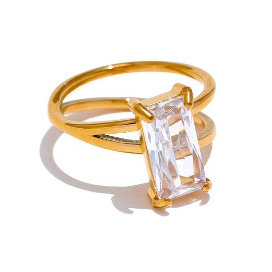 Yhpup Luxury Bling Cubic Zirconia Ring for Women Stainless Steel 18k Gold Color Geometric Simple Stylish Jewelry for Women Gift