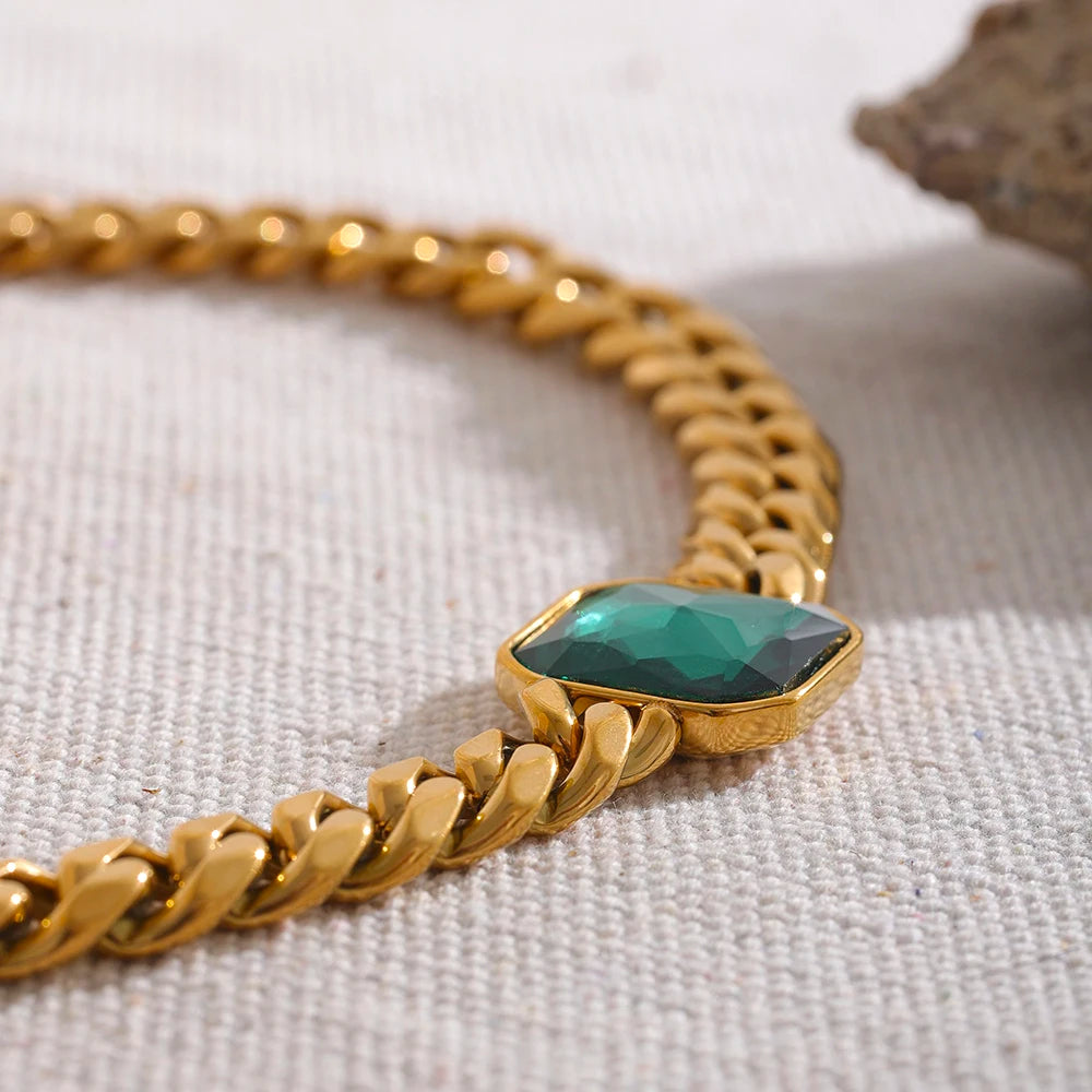 Yhpup Hyperbolic Gold Color Thick Cuban Chain Green Crystal Metal Texture Stainless Steel Statement Necklace Fashion Jewelry