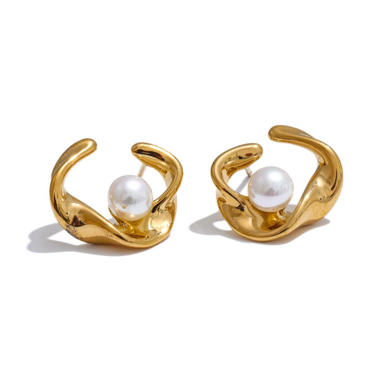 Yhpup Minimalist Stainless Steel Geometric Imitation Pearls Daily Stud Earrings Women 18K PVD Plated Korean Fashion Jewelry Gift