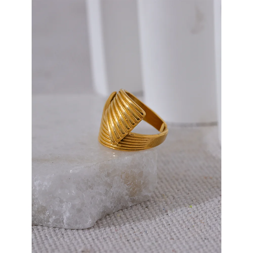 Yhpup New Stainless Steel Metal Geometric Golden Wide Ring Statement Texture 18K PVD Plated Attractive Jewelry Bijoux