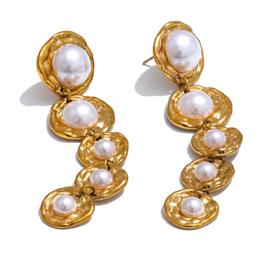 Yhpup Stainless Steel Simulated Pearls Golden Long Hanging Drop Earrings Prevent Allergy Fashion Popular Statement Jewelry Gift