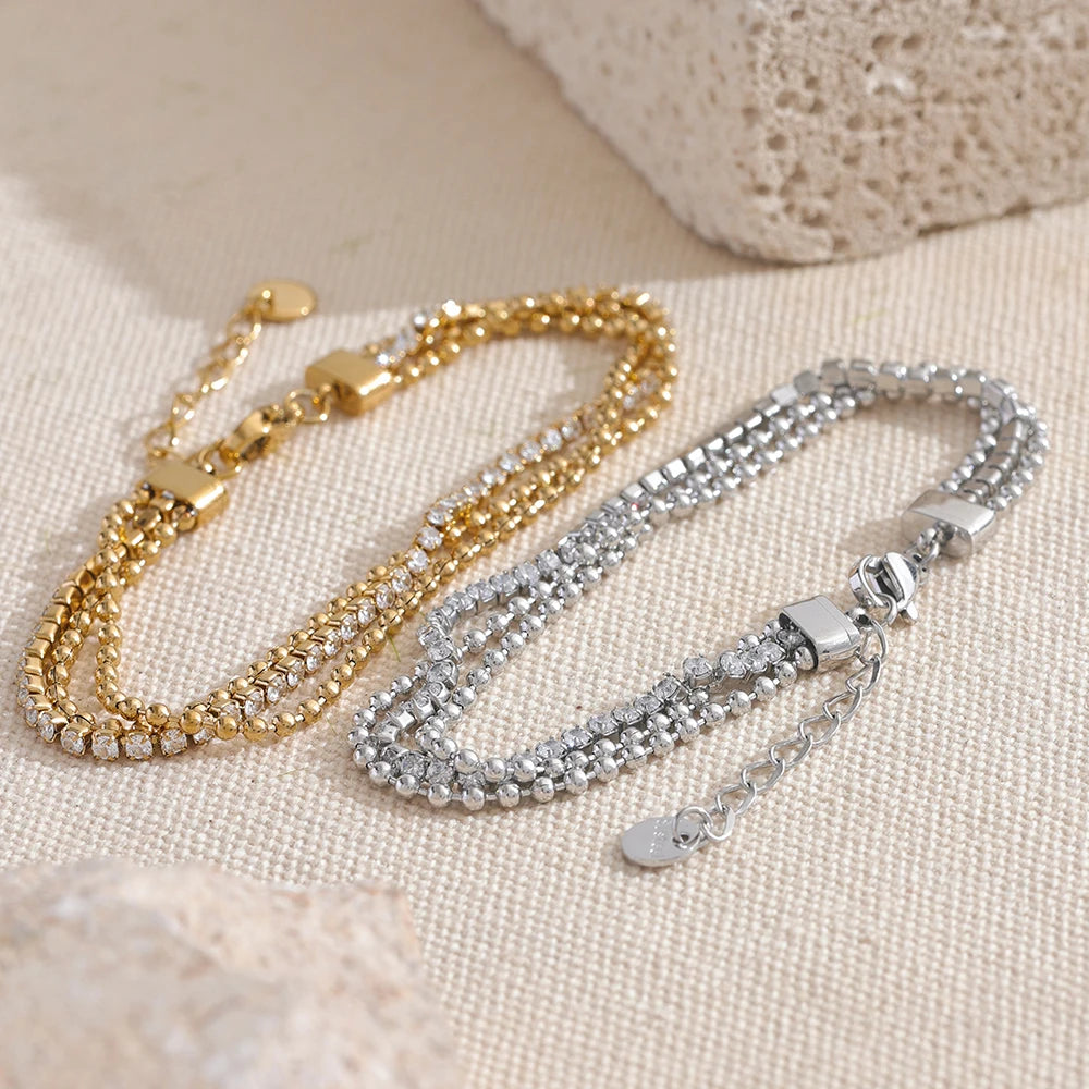 Yhpup Trendy Stainless Steel Cubic Zirconia Chain Layered Bracelet Bangle for Women High Quality Fashion Jewelry Bijoux Gift