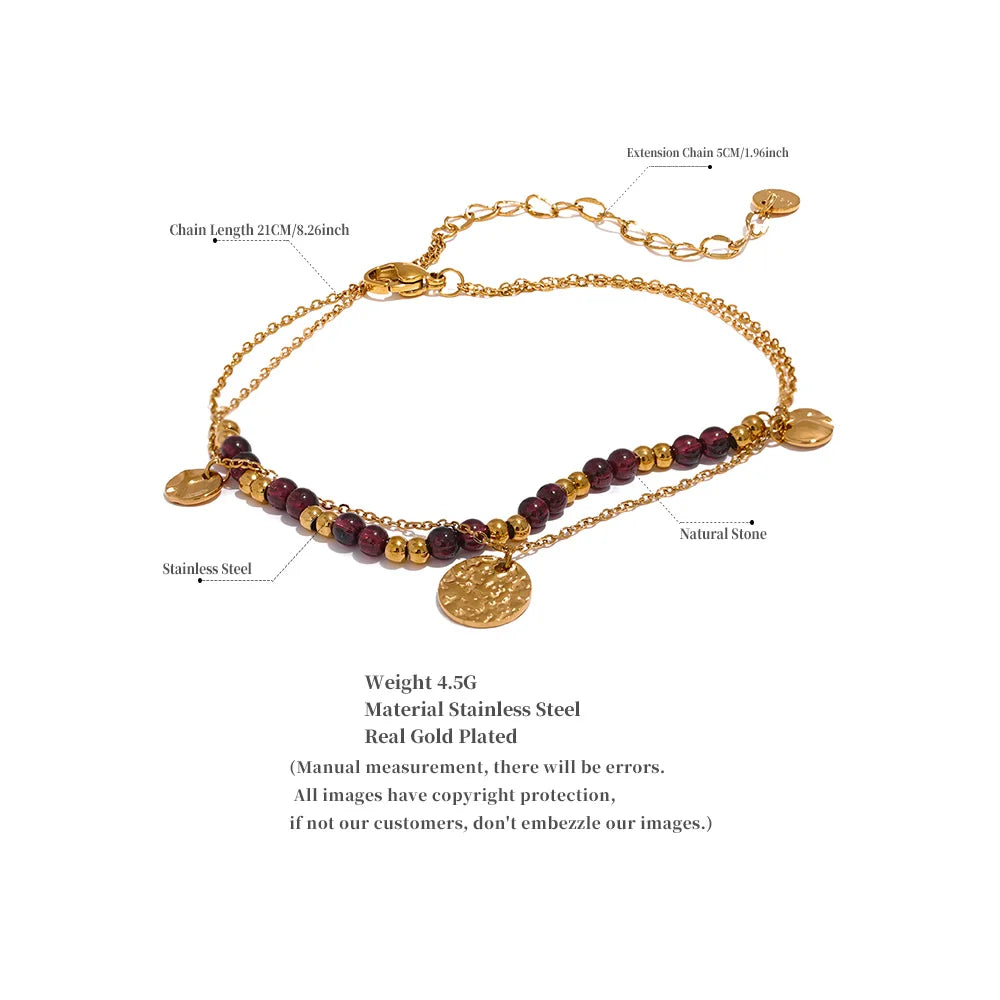 Yhpup Stainless Steel Layered Summer Anklet Chic Stylish Jewelry Fashion Natural Garnet Stone Beads Handmade Chain Women