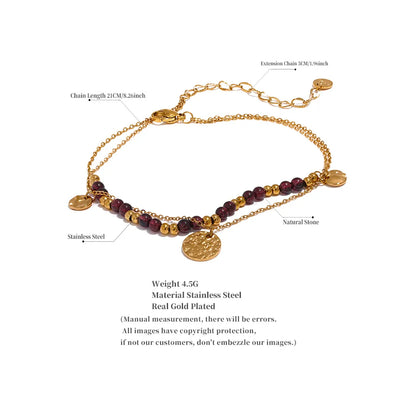 Yhpup Stainless Steel Layered Summer Anklet Chic Stylish Jewelry Fashion Natural Garnet Stone Beads Handmade Chain Women