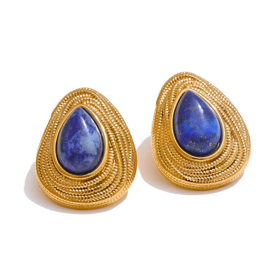 Yhpup Water Drop Natural Stone Fashion Geometric Daily Stud Earrings Vintage Tiger Lapis Lazuli Charm Jewelry Gold Color PVD