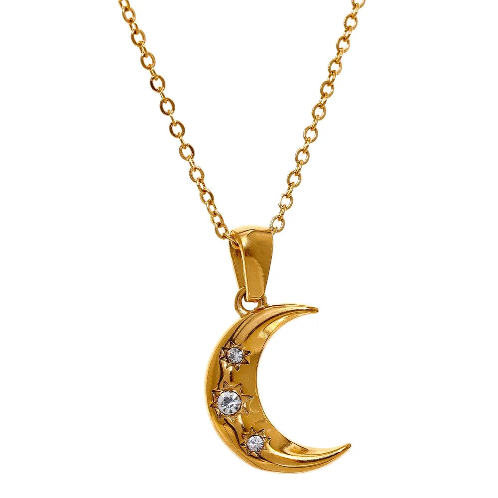Yhpup Romantic Moon Zircon CZ Pendant Necklace Golden Jewelry 316 Stainless Steel PVD Plated Trendy Lucky Simple Collar Bijioux