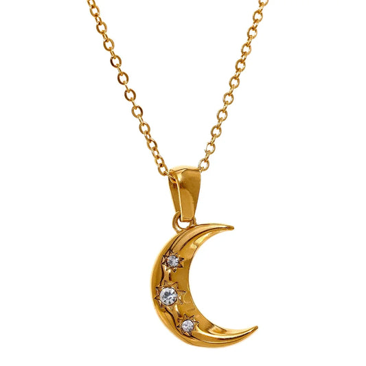 Yhpup Romantic Moon Zircon CZ Pendant Necklace Golden Jewelry 316 Stainless Steel PVD Plated Trendy Lucky Simple Collar Bijioux